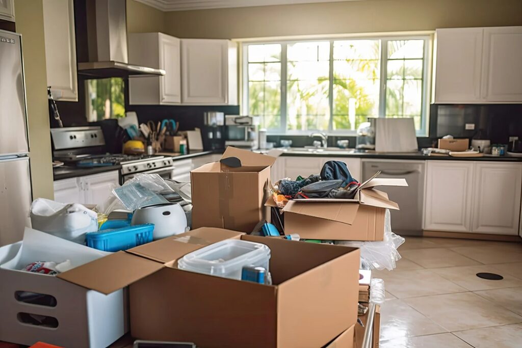 A bright kitchen is filled with open moving boxes and packed items, ready for relocation