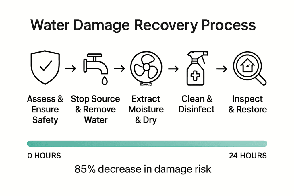 A diagram outlines a five-step water damage recovery process, reducing risk by 8