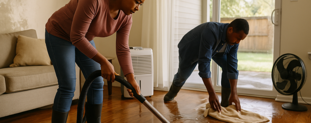 A woman vacuums water while a man wipes a wet wooden floor in a home. TITLE