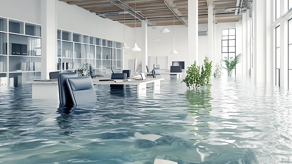 A modern open-plan office is completely flooded with water, submerging desks, chairs, and