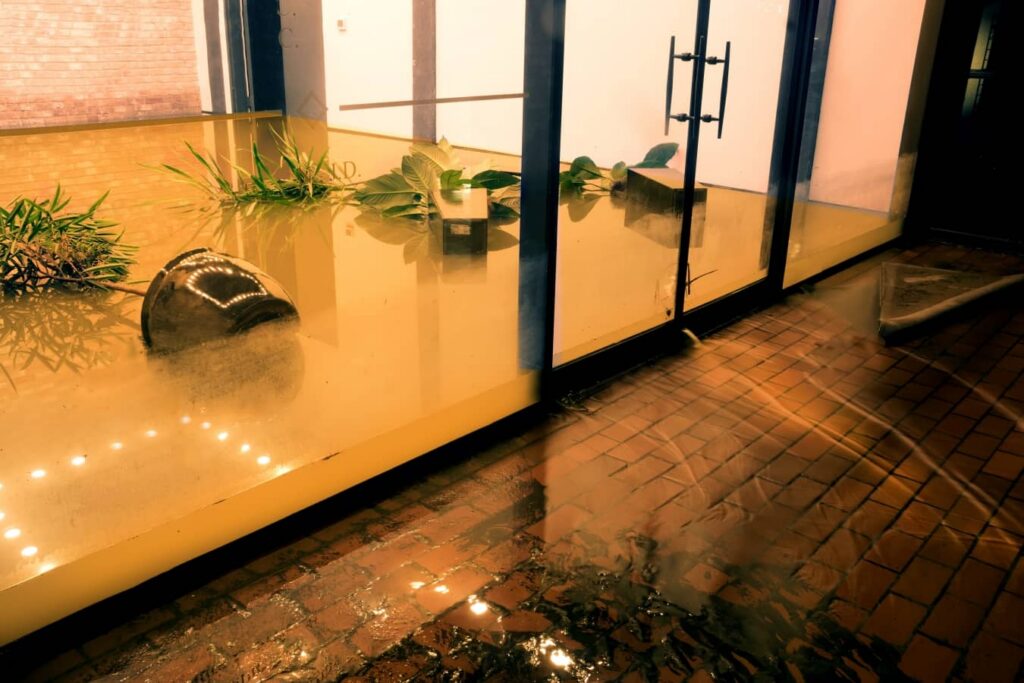 Murky floodwaters fill a building's interior, submerging plants and a pot, reflecting