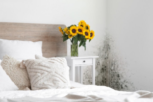 Sunflowers on a nightstand contrast with extensive black mold covering a bedroom wall. TITLE