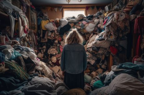 hoarder standing in closet