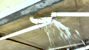 Water gushes from a broken white PVC pipe attached to a concrete ceiling.