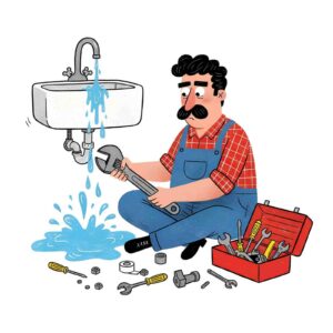 A confused plumber sits on the floor holding a wrench while a sink leaks profusely, surrounded
