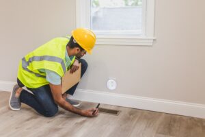Technician in a safety vest examining a floor vent and wall outlet.