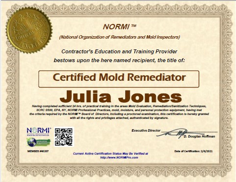 NORMI certificate mold removal and remediation services by PuroClean Bradenton, FL