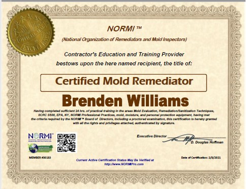 NORMI certification as mold remediator by PuroClean Bradenton, FL