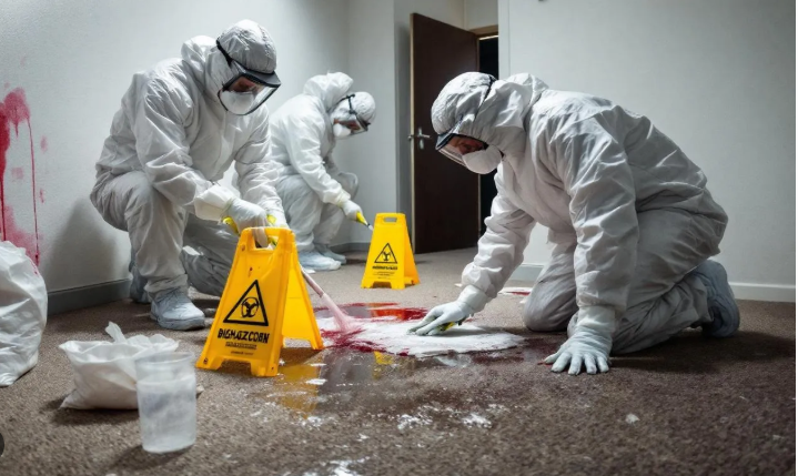 Professional biohazard cleaning services technician using ATP testing device during emergency death cleanup in Bradenton FL