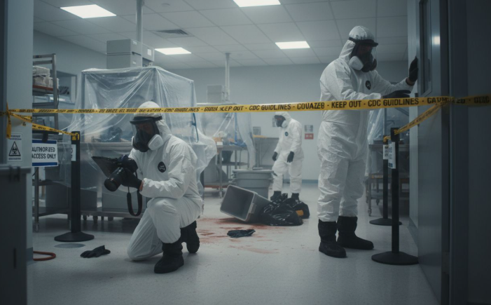 Certified biohazard technician removing contaminated flooring during professional biohazard cleaning services in Bradenton