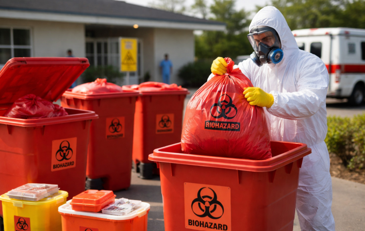 Biohazard cleanup in Bradenton FL step-by-step process ; sealed disposal containers and PPE on-site