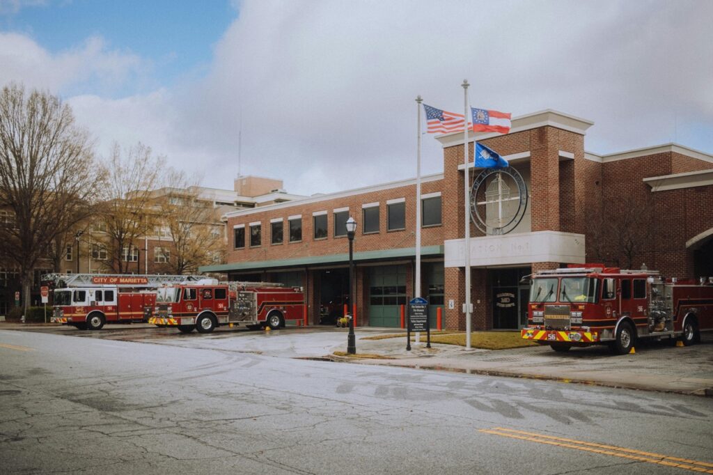 Atlanta fire department inspecting a home after a house fire to determine if it is safe to re-enter