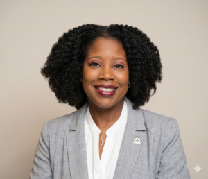 A smiling Black woman with curly hair wears a grey blazer and a lapel pin.