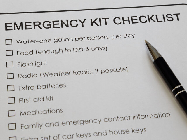 A natural disaster emergency preparedness kit checklist in case of tornado damage.