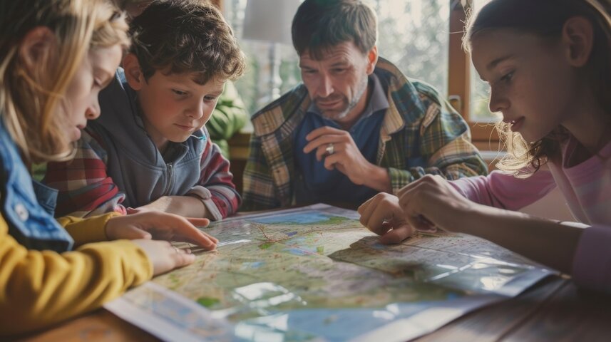 A family talking about how to stay safe during tornadoes.