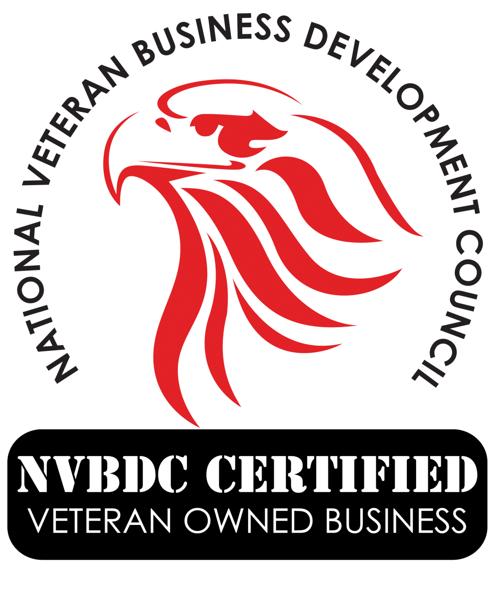 Red eagle emblem with text "NVBDC Certified Veteran Owned Business" and "National Veteran Business Development Council.