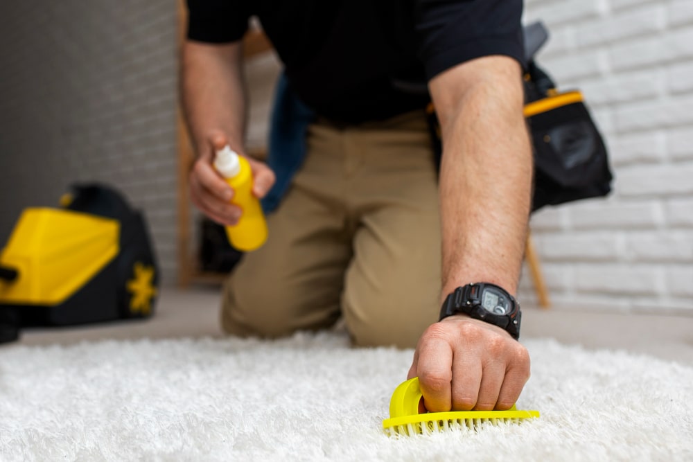 A person cleaning a white rug with a yellow brush and spray bottle, demonstrating professional rug cleaning techniques.
