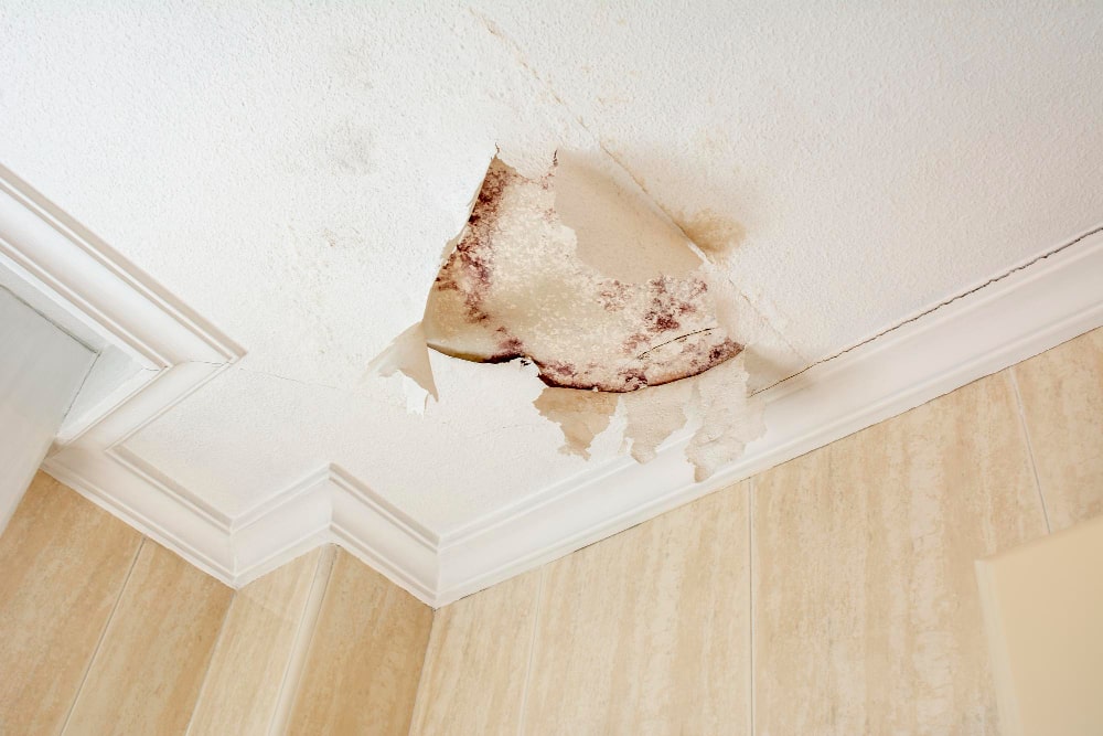 A damaged ceiling with peeling paint and water stains, indicating potential water damage in a room.