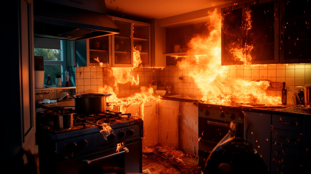 A kitchen engulfed in flames, illustrating the devastating effects of fire damage.
