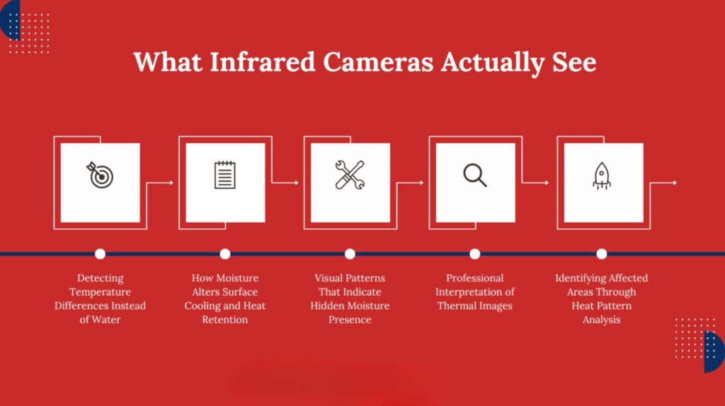 PuroClean infographic showing how infrared cameras detect hidden moisture through temperature differences during moisture mapping in North Metro Atlanta