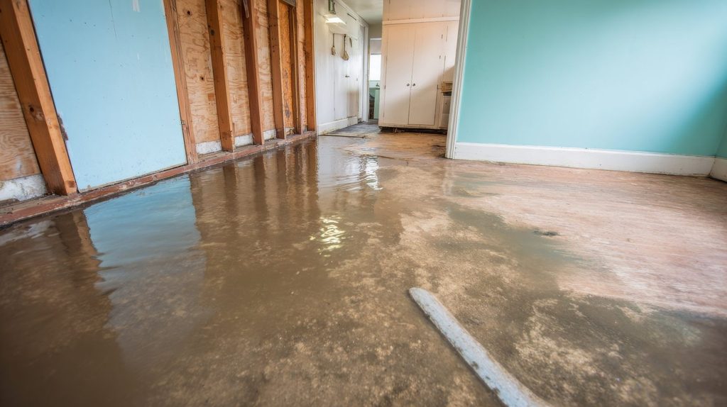Flooded room interior with muddy water covering the floor and exposed wooden wall studs.