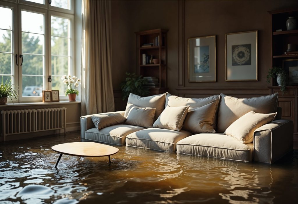 Flooded living room with standing water requiring professional water damage restoration services
