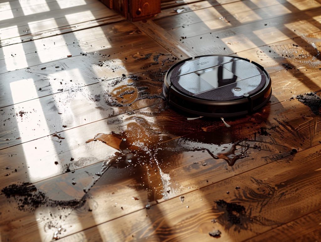 Robot vacuum damaged by standing water inside a home after water damage
