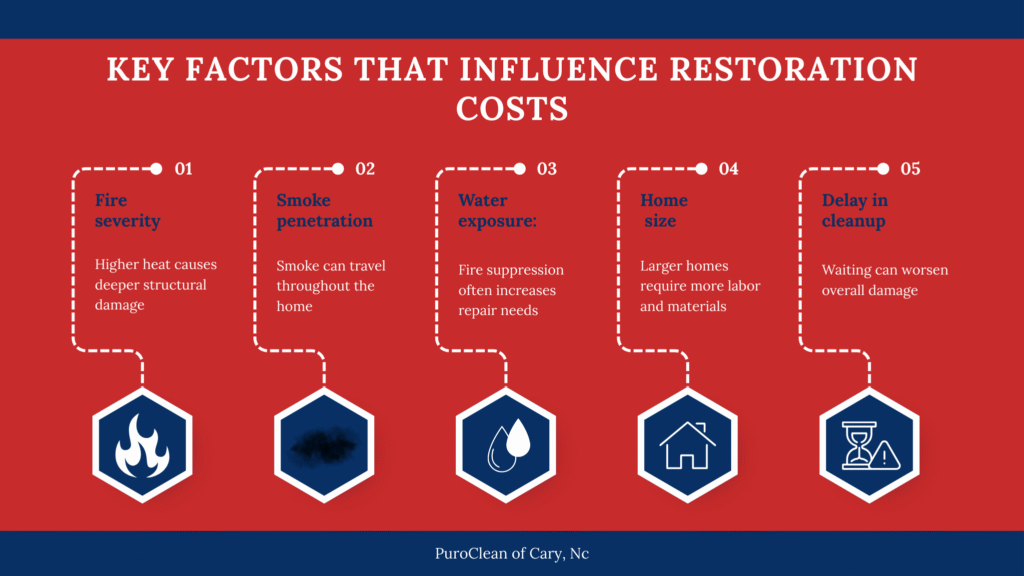 Infographic showing key factors that influence fire damage restoration costs, including fire severity, smoke penetration, water exposure, home size, and delay in cleanup
