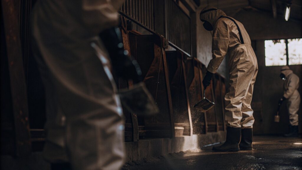 Professional biohazard cleanup technicians wearing full protective suits and respirators while disinfecting a contaminated industrial space.