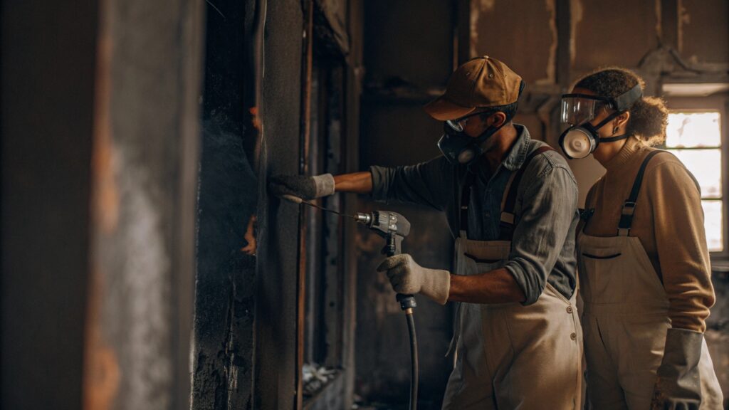 Fire damage restoration professionals removing soot and smoke damage from a burned structure
