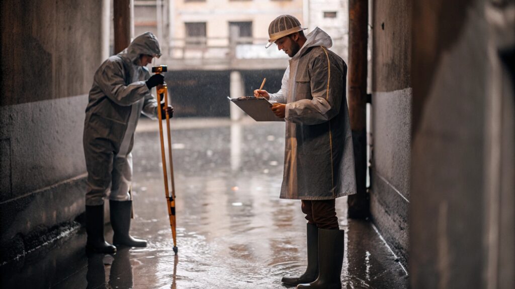 Water damage inspection professionals assessing a flooded area with measuring equipment