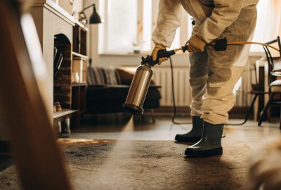 Professional cleaner in protective gear disinfecting a carpet inside a home after a biohazard spill.