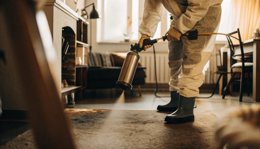Professional cleaner in protective gear disinfecting a carpet inside a home after a biohazard spill.