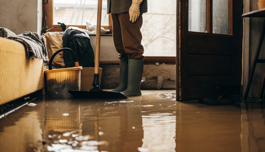 Person wearing rubber boots and gloves cleaning a flooded room after water damage using a broom and bucket.
