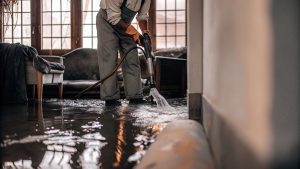 Worker extracting water from a flooded home interior