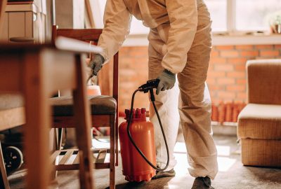 Professional performing biohazard cleanup inside a residential home