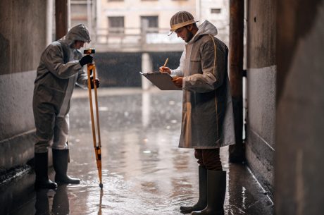 Water damage inspection professionals assessing a flooded area with measuring equipment