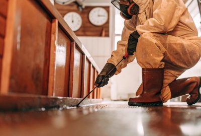 Professional wearing protective gear performing the biohazard cleanup process in Apex NC to ensure safe sanitization