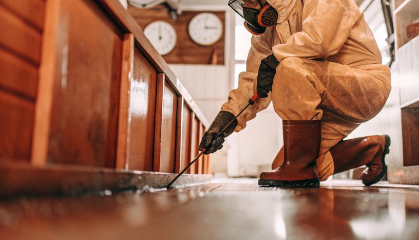 Professional wearing protective gear performing the biohazard cleanup process in Apex NC to ensure safe sanitization