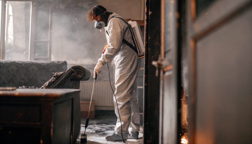 Fire damage restoration technician wearing protective gear cleaning smoke and soot inside a burned residential property
