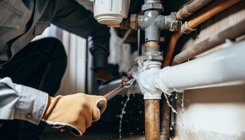 Technician repairing a frozen pipe with visible water damage, illustrating signs of water damage caused by frozen pipes in Cary, NC.