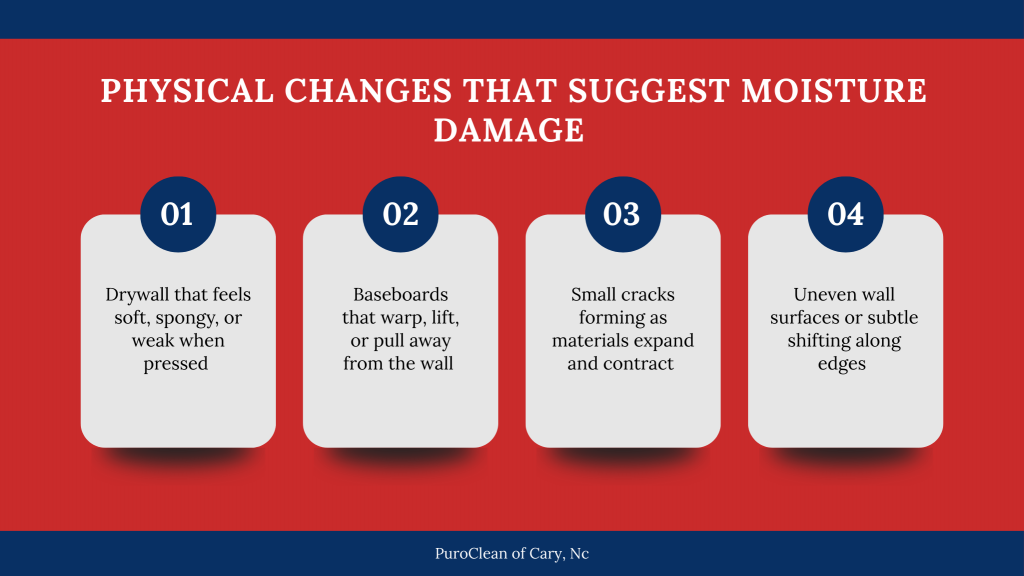 Infographic showing physical signs of moisture damage, including soft drywall, warped baseboards, wall cracks, and uneven surfaces.
