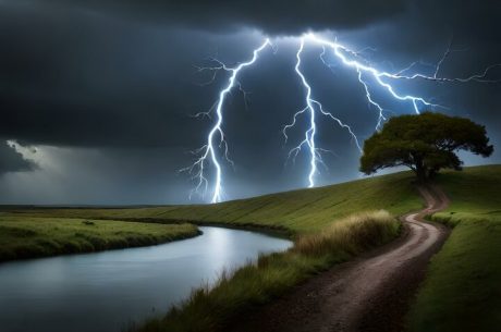 A lightening strike over a river basin.