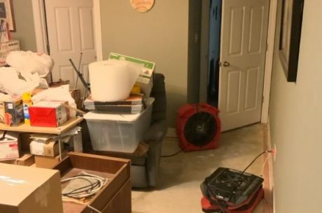 Drying equipment and air movers placed in a basement during sump pump failure cleanup and water damage restoration in Edwardsville, IL.