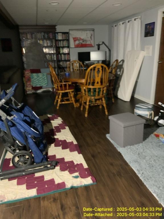 Basement family room in Belleville, IL showing visible moisture and furniture affected by washing machine leak before cleanup.