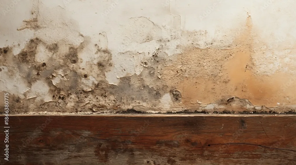 A severely water-damaged wall shows extensive black mold growth and peeling paint above a