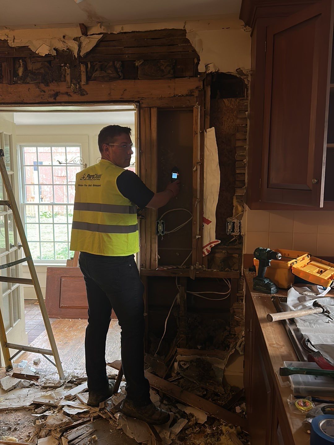 Demoed kitchen wall and moisture testing