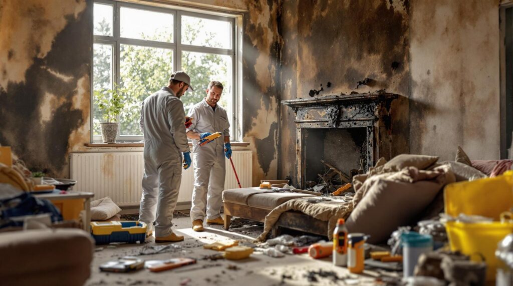 Fire restoration team assessing smoke damage in a living room