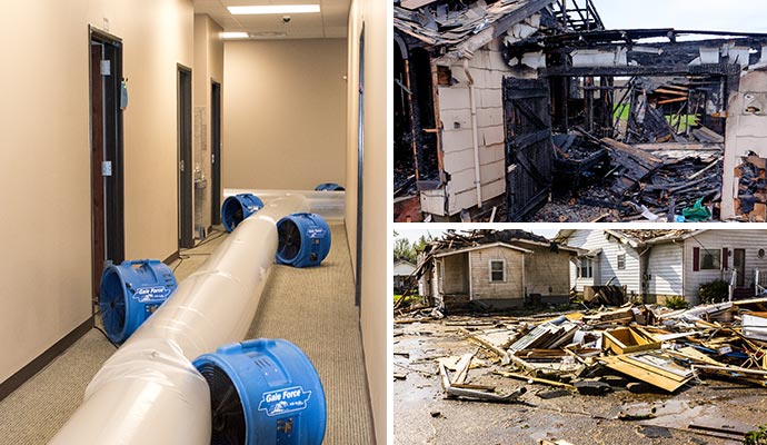 Collage of before-and-after restoration photos — water cleanup, fire damage repair, and mold remediation.