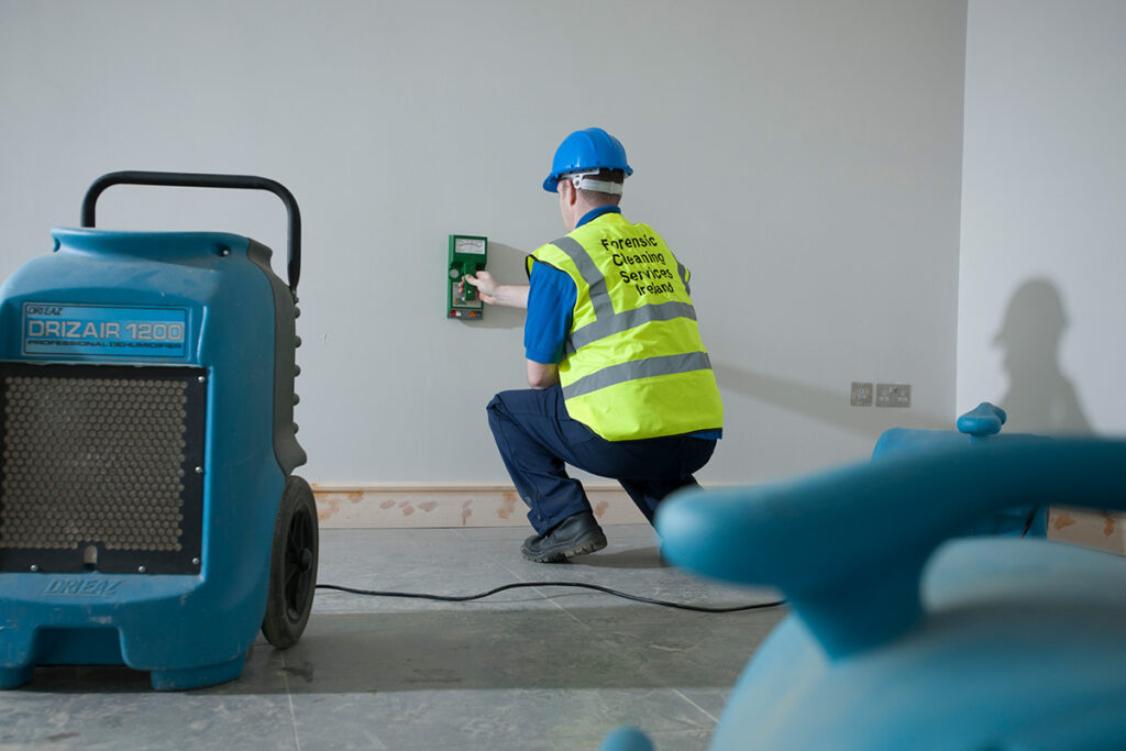 Technician using moisture meter on basement wall during restoration